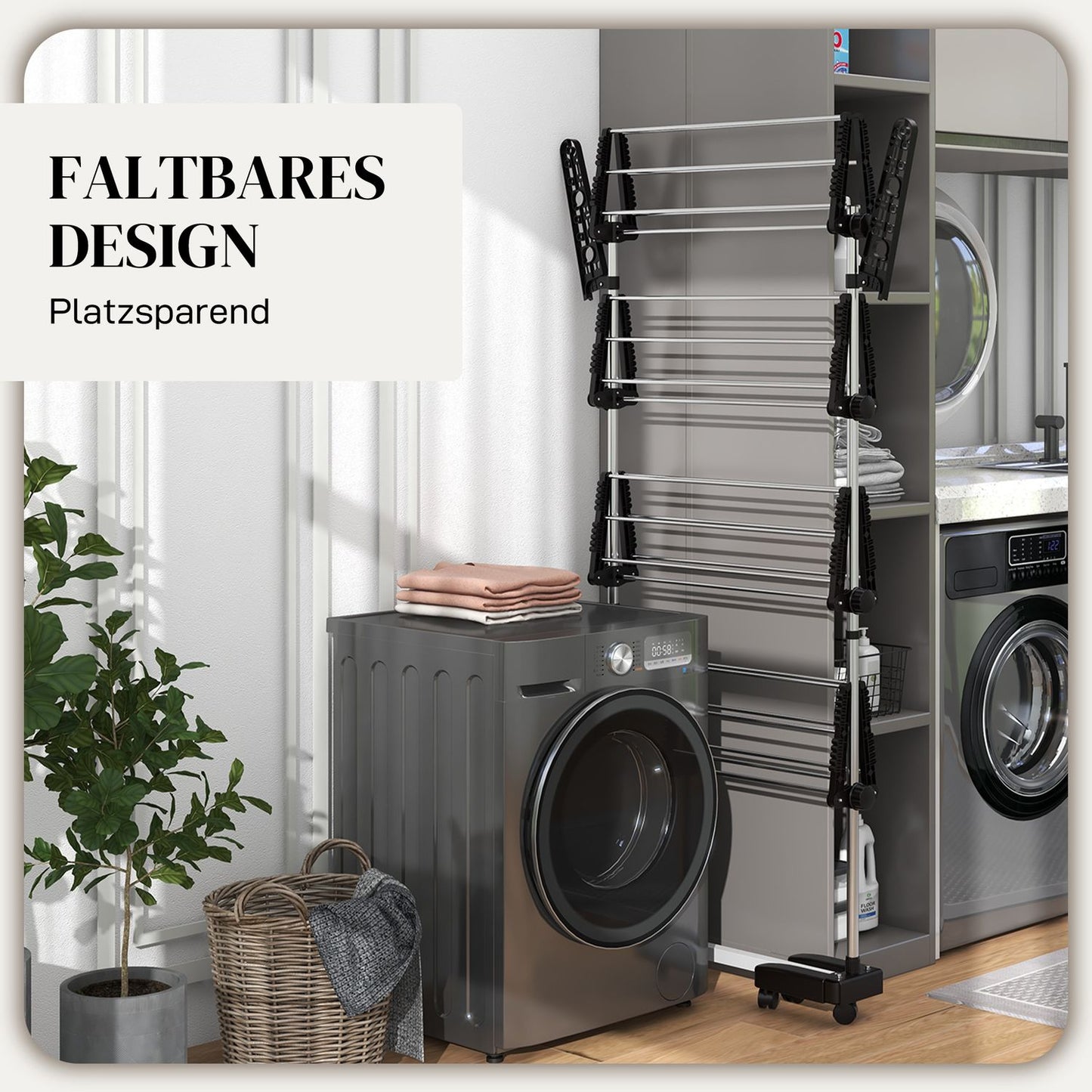 Clothes airer with wheels, folding wings - steel, 142 x 55 x 172 cm