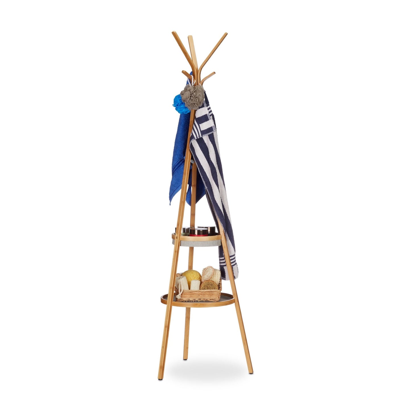 Clothes hanger in bamboo with shelves