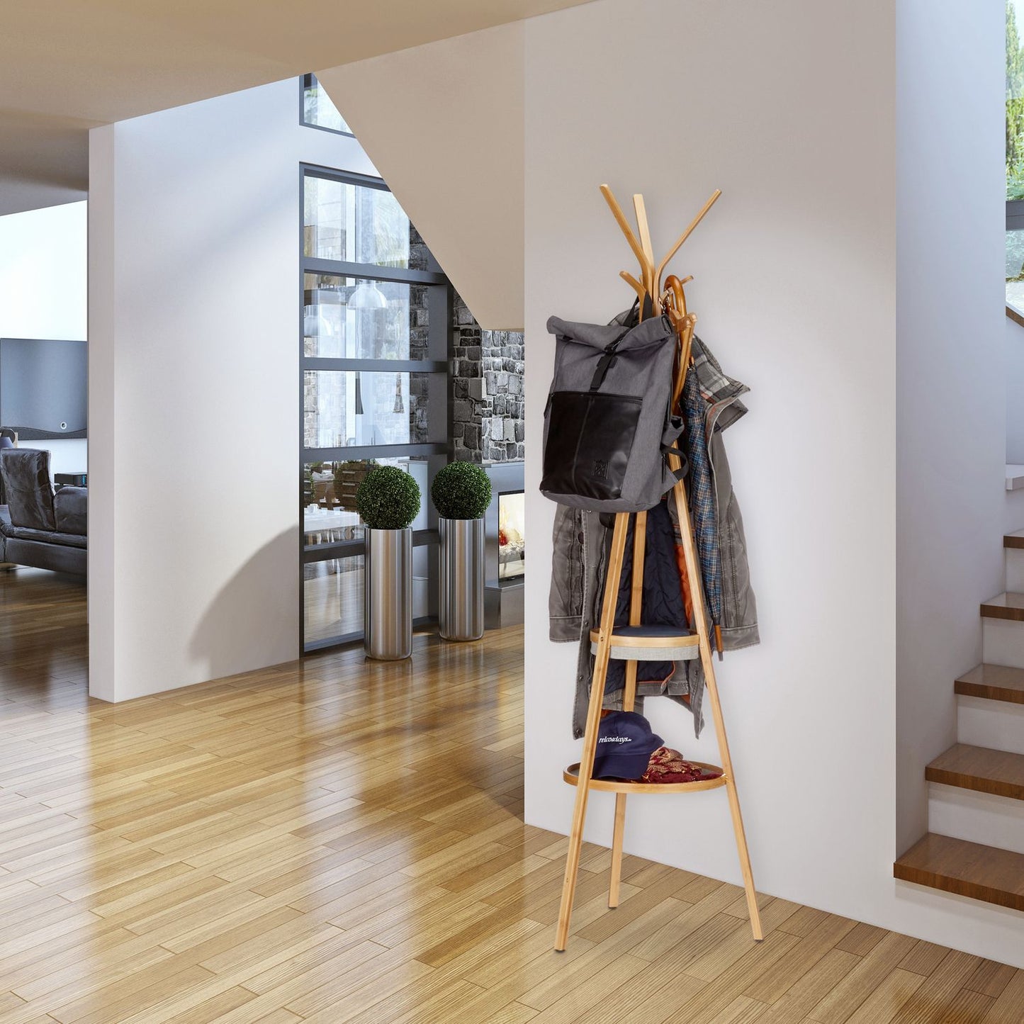 Clothes hanger in bamboo with shelves