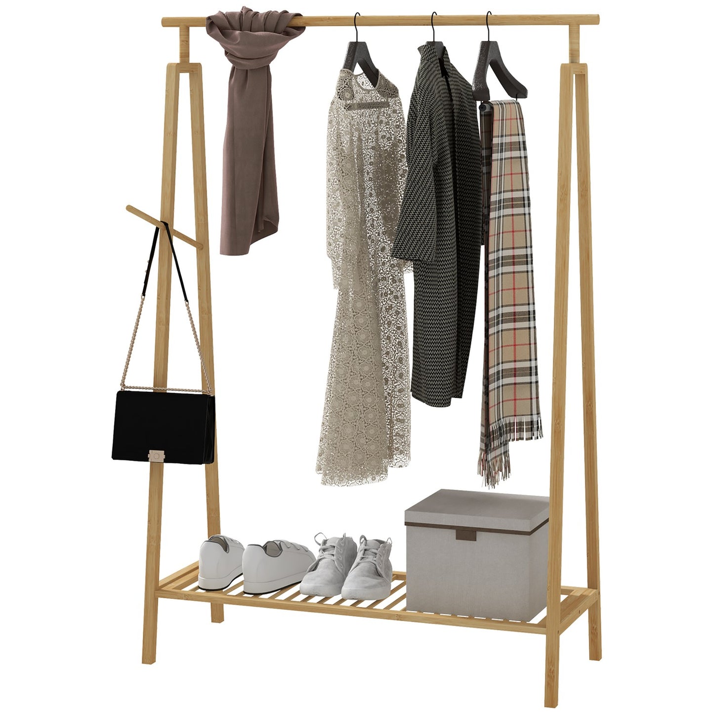 Bamboo clothes rack with hooks and shoe shelf, natural finish