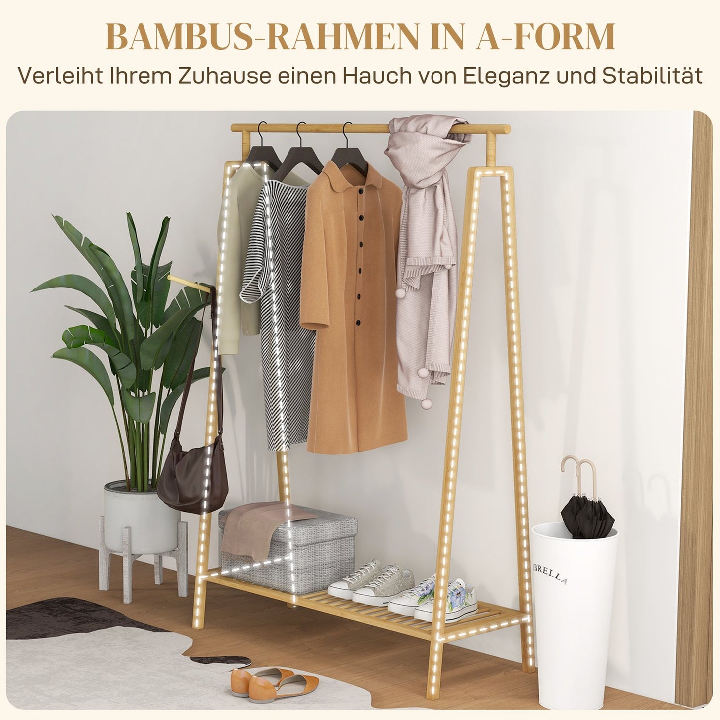 Bamboo clothes rack with hooks and shoe shelf, natural finish