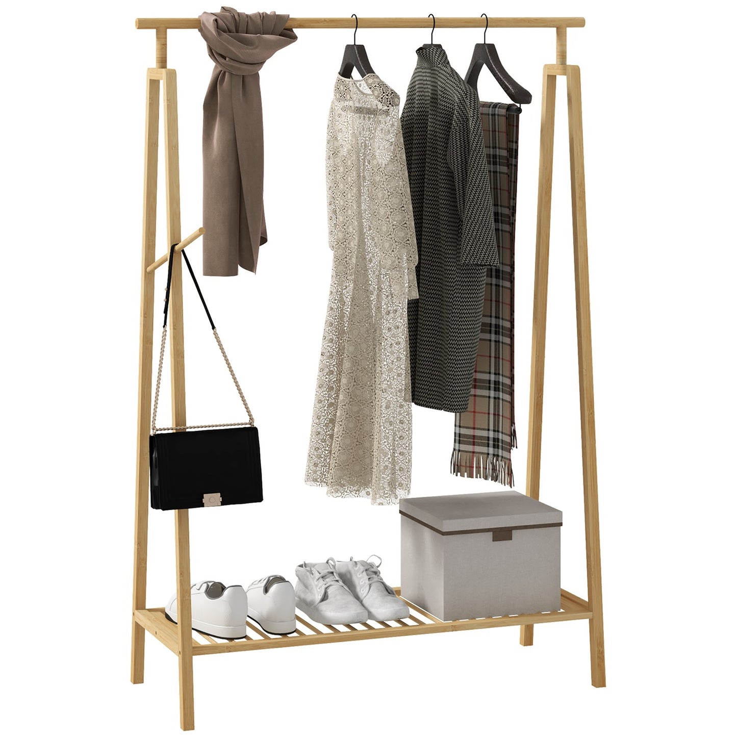 Bamboo clothes rack with hooks and shoe shelf, natural finish