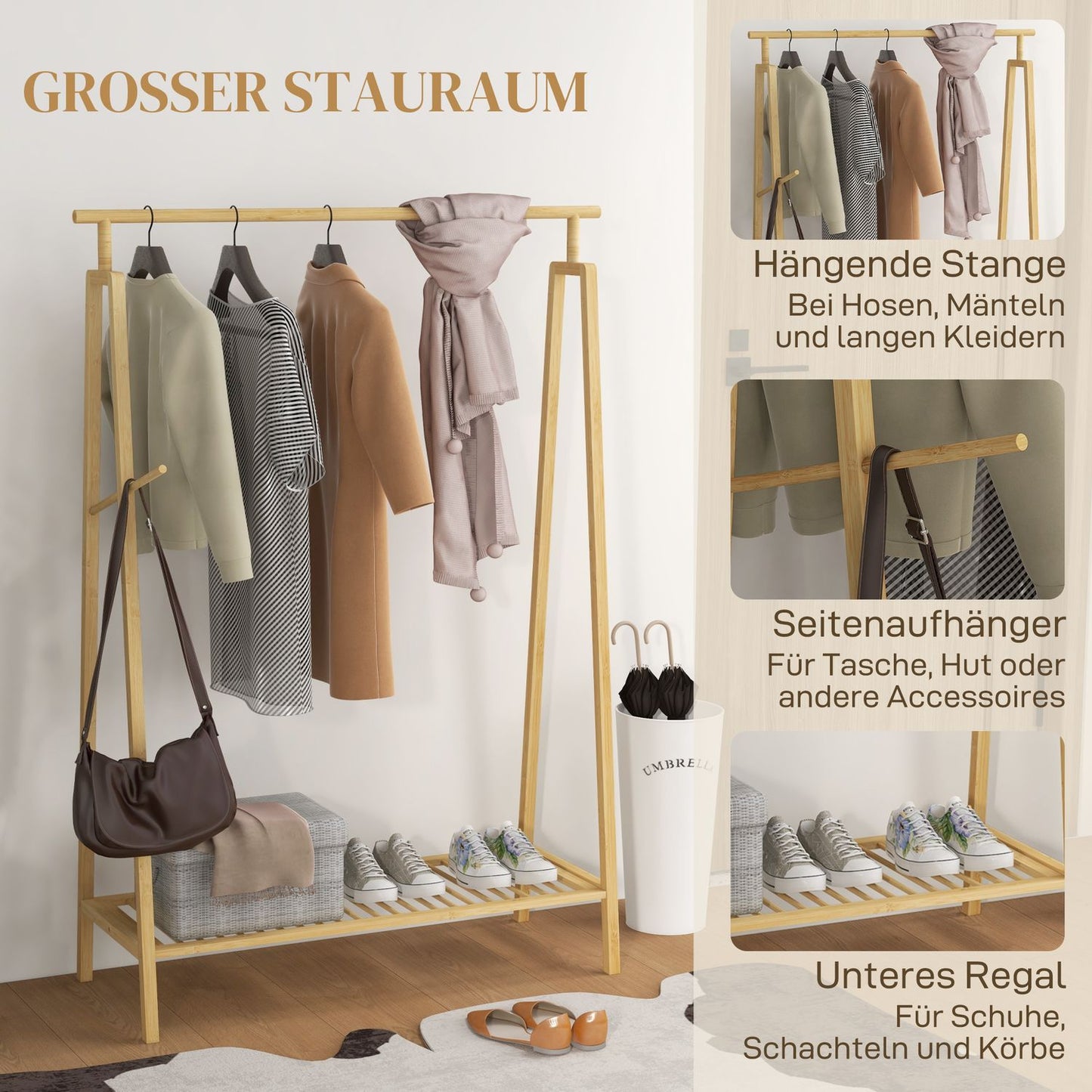 Bamboo clothes rack with hooks and shoe shelf, natural finish