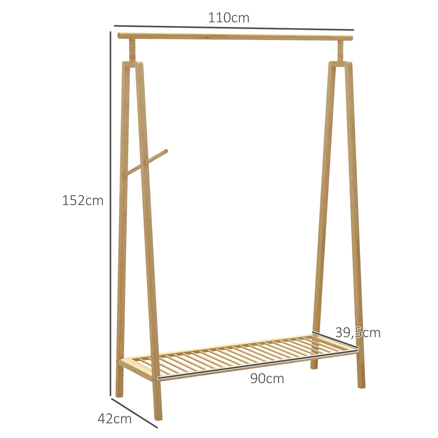Bamboo clothes rack with hooks and shoe shelf, natural finish