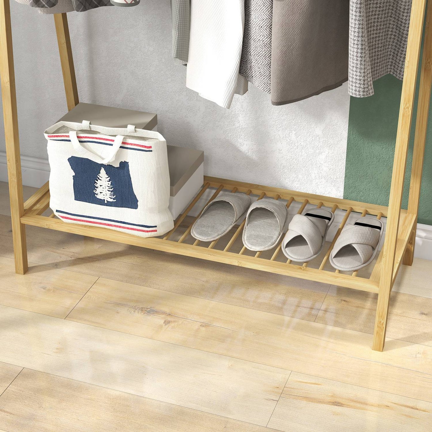 Bamboo clothes rack with hooks and shoe shelf, natural finish