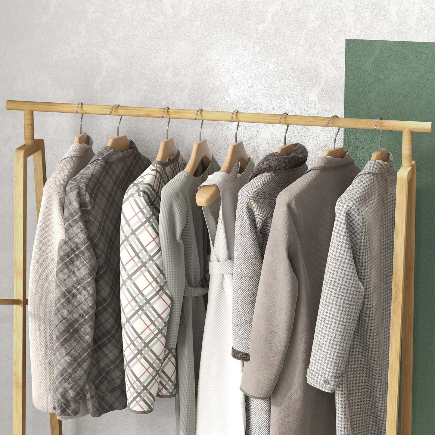 Bamboo clothes rack with hooks and shoe shelf, natural finish