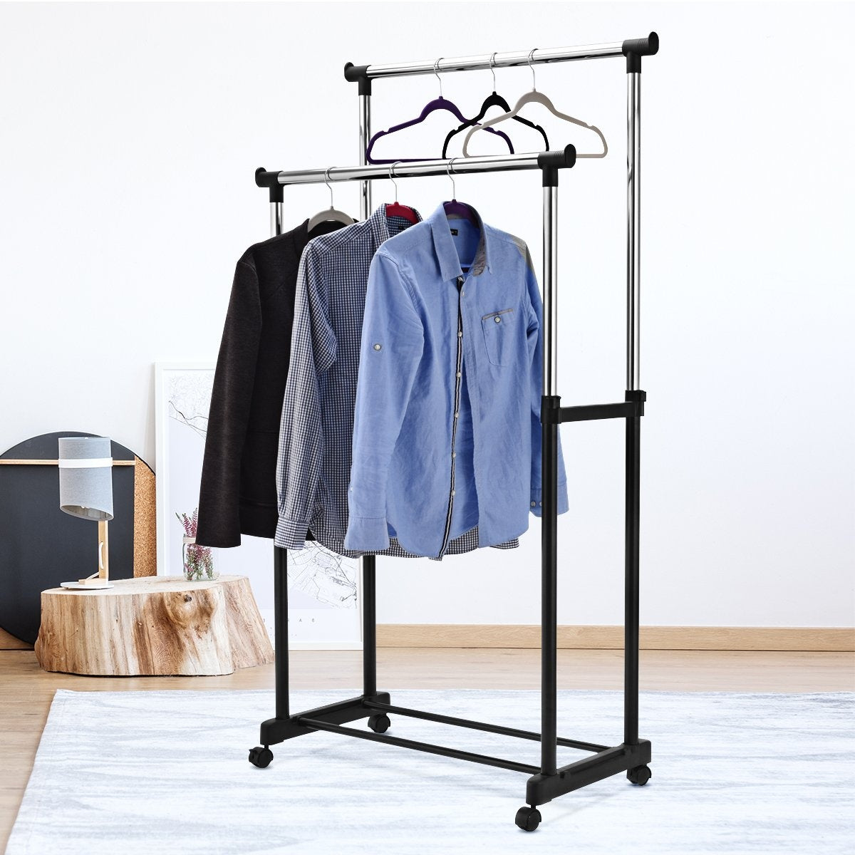 Clothes rack, height-adjustable coat rack, rolling coat rack with wheels, black, 86 x 43 x 94-168 cm
