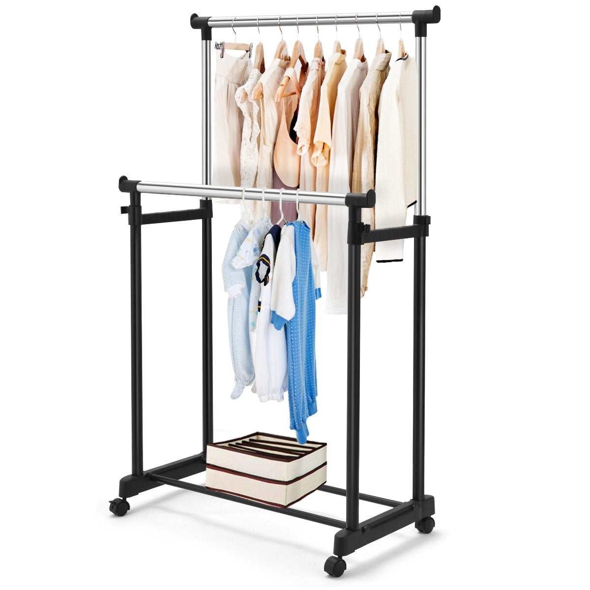 Clothes rack, height-adjustable coat rack, rolling coat rack with wheels, black, 86 x 43 x 94-168 cm