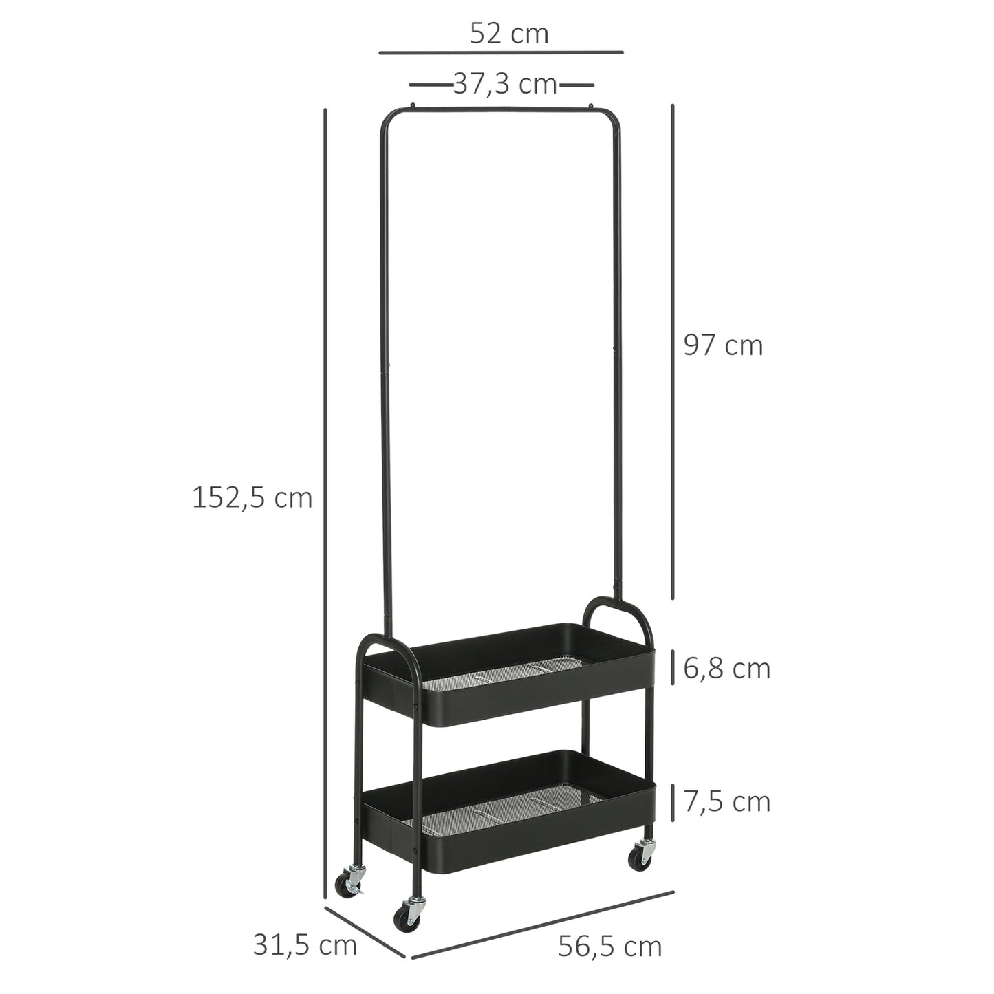 Steel Clothes & shoe rack on wheels, 16 kg capacity, black