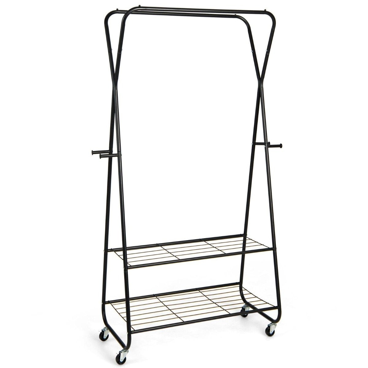 Clothes rack on wheels with 2 clothes rails & 2 shelves & 4 hooks coat stand