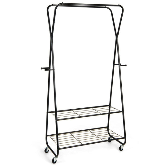 Clothes rack on wheels with 2 clothes rails & 2 shelves & 4 hooks coat stand