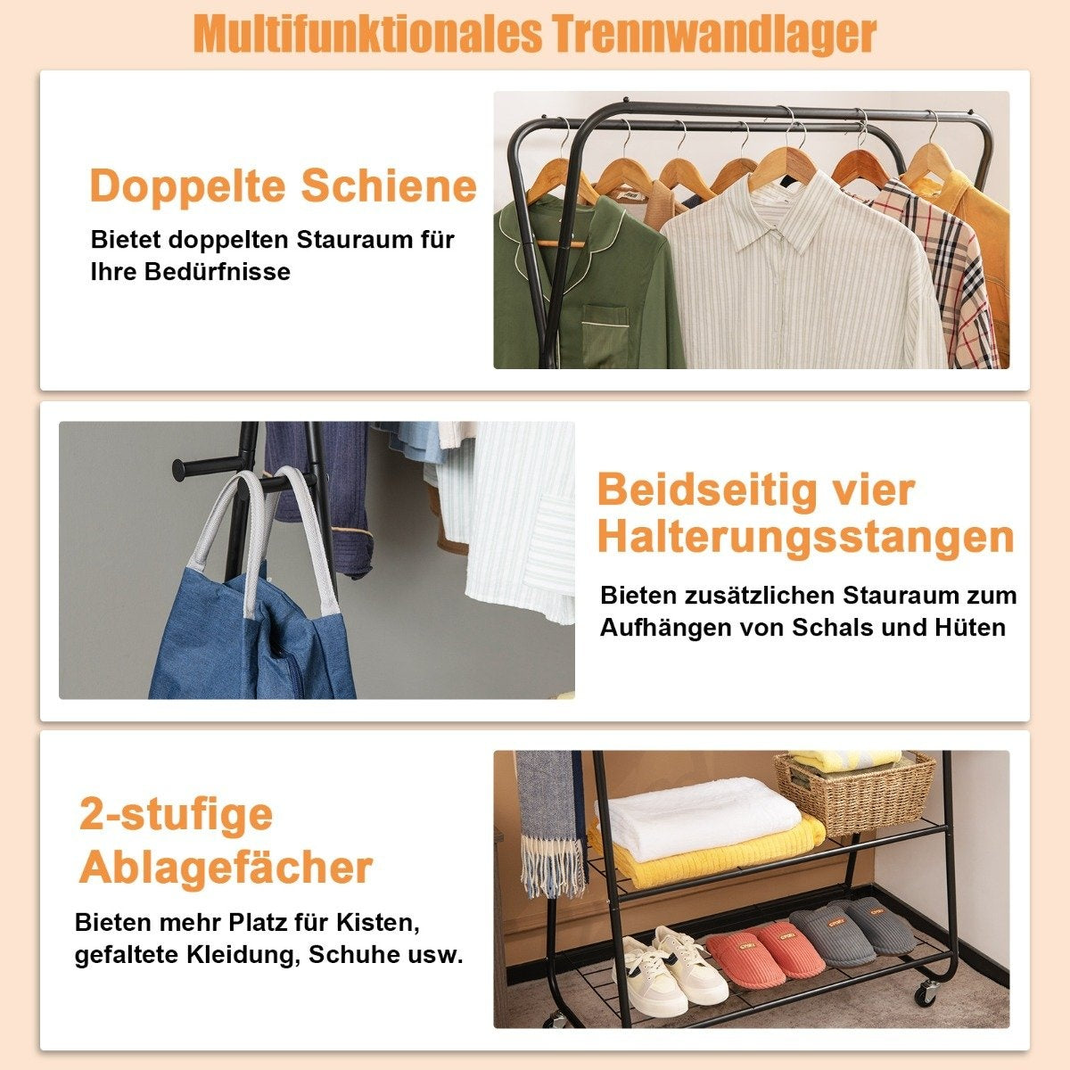 Clothes rack on wheels with 2 clothes rails & 2 shelves & 4 hooks coat stand