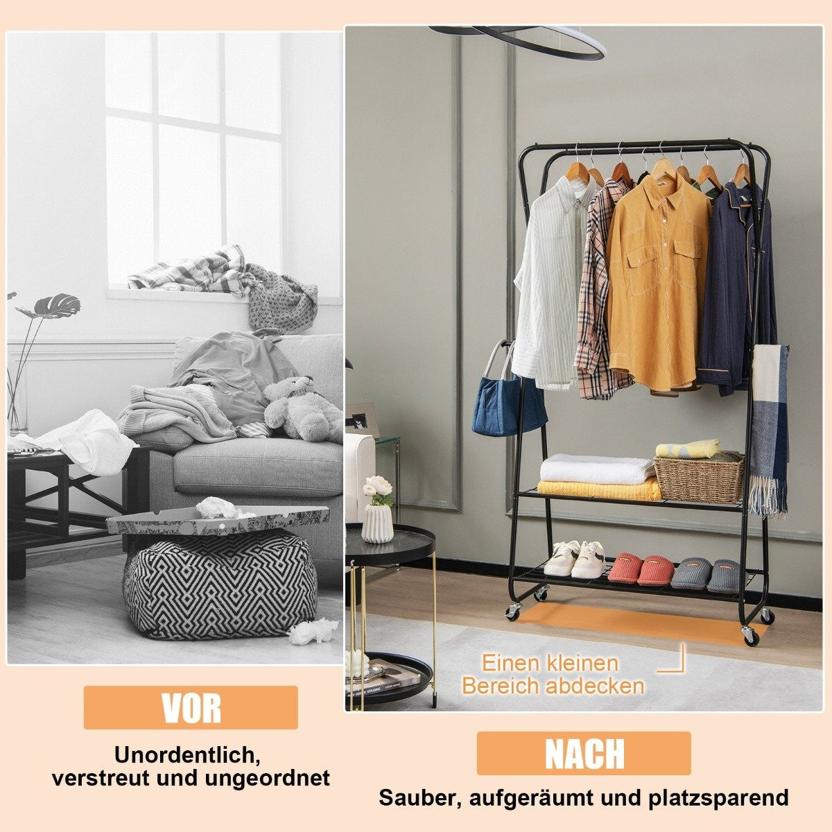 Clothes rack on wheels with 2 clothes rails & 2 shelves & 4 hooks coat stand