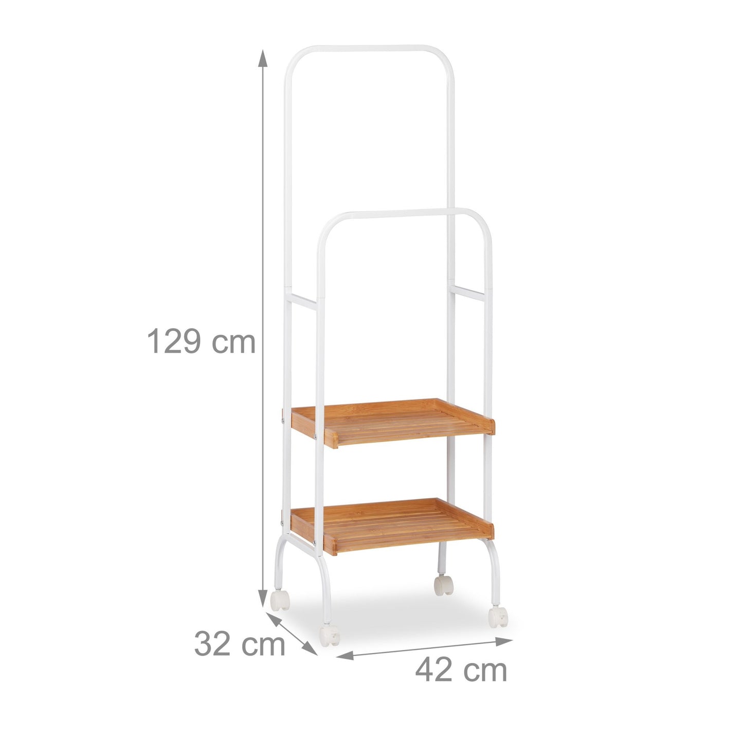 Clothes rack on wheels with 2 shelves