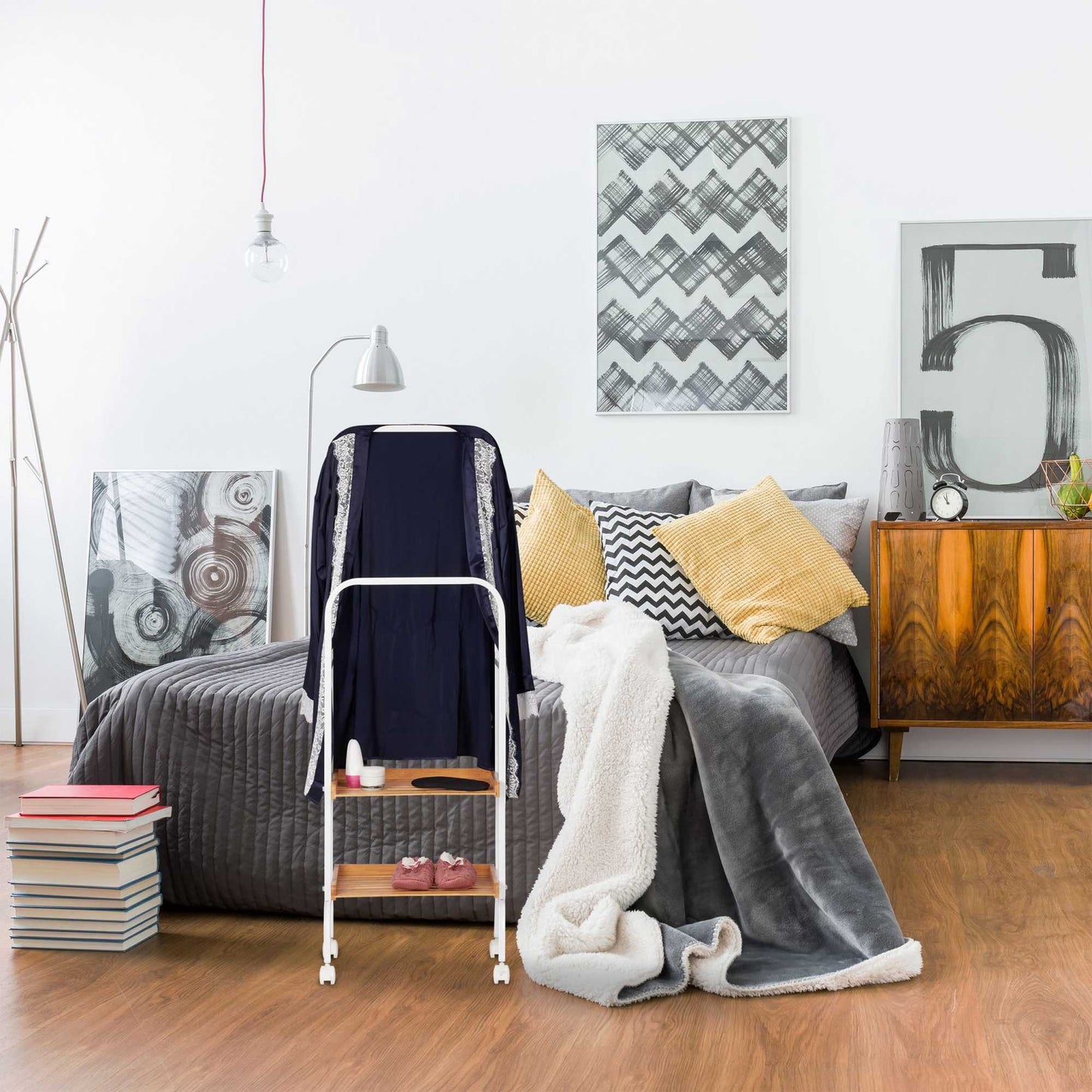 Clothes rack on wheels with 2 shelves