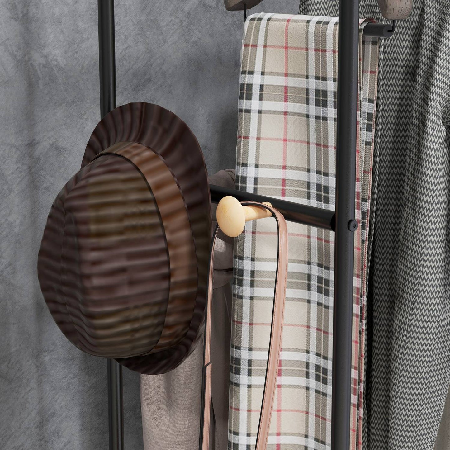 Clothes rack in black bamboo, 2 rails and hooks, hall in the bedroom