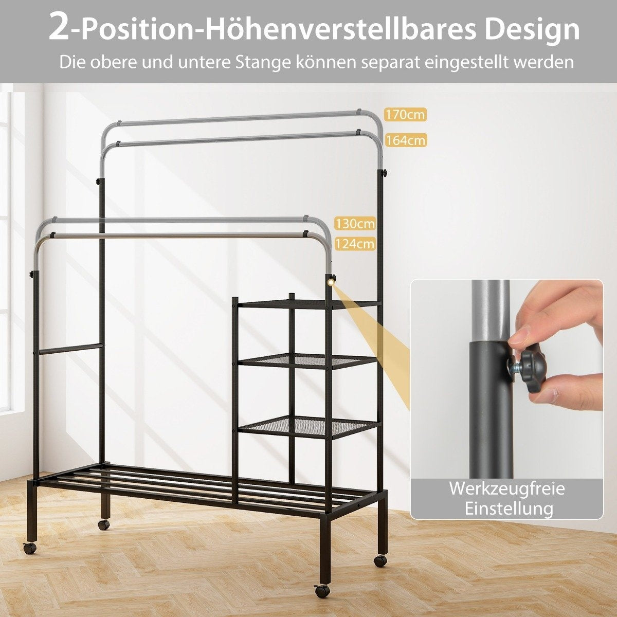 Clothes rack with 2 clothes rails, clothes rack on wheels, coat stand, height adjustable 135 x 54 x 170cm silver
