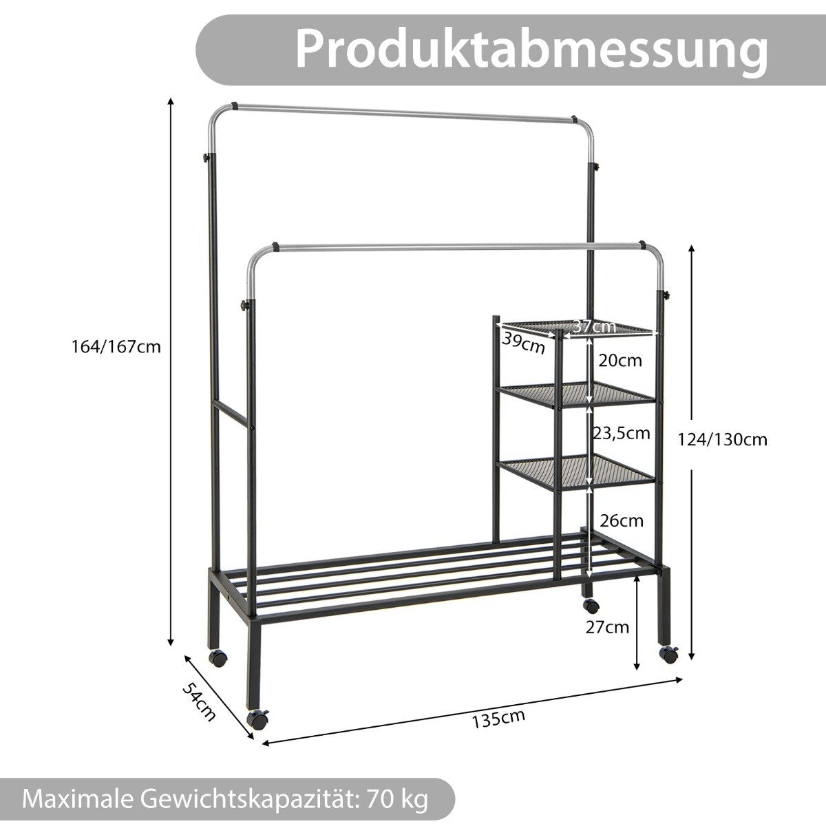 Clothes rack with 2 clothes rails, clothes rack on wheels, coat stand, height adjustable 135 x 54 x 170cm silver