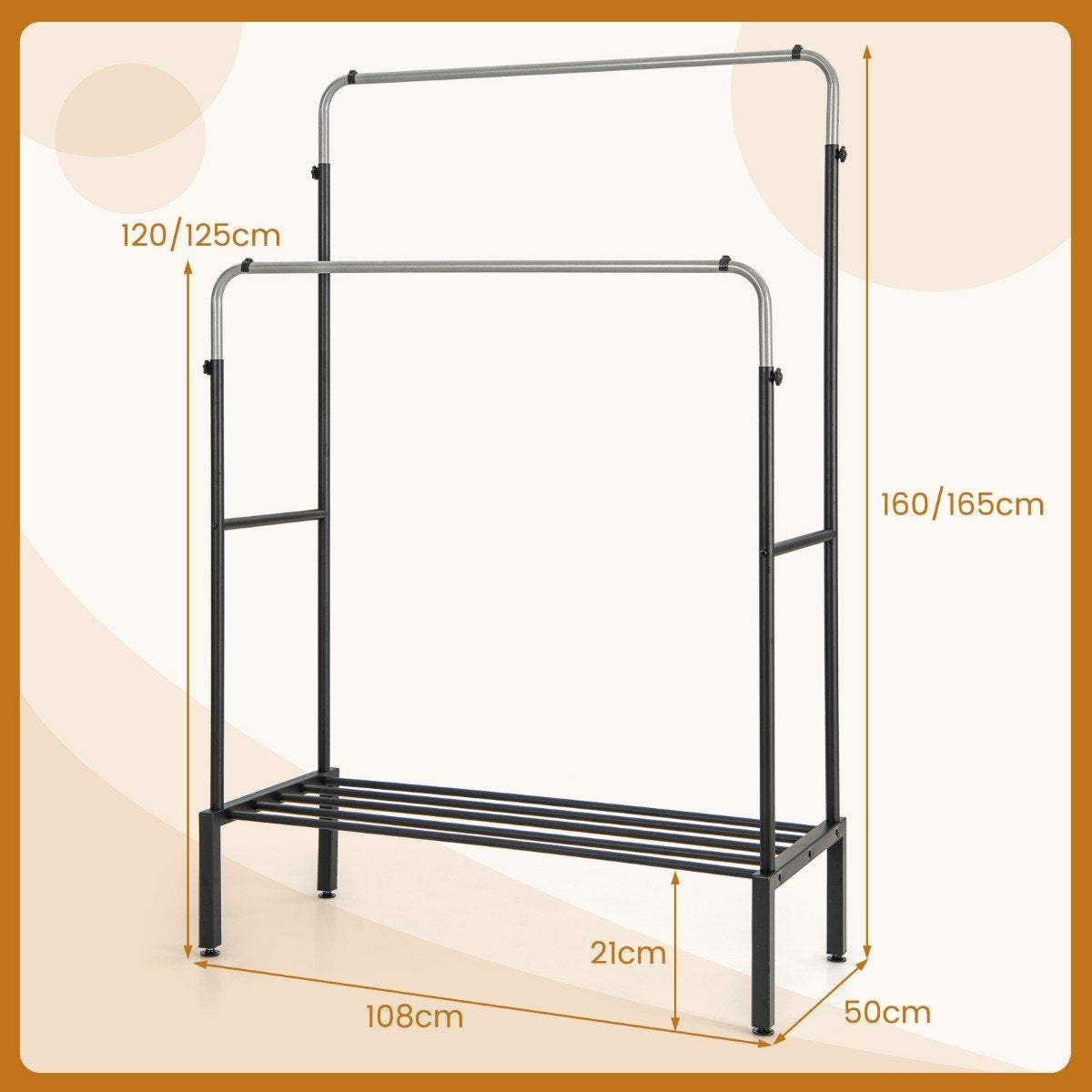 Clothes rack with 2 clothes rails double coat rack with adjustable heights black + silver