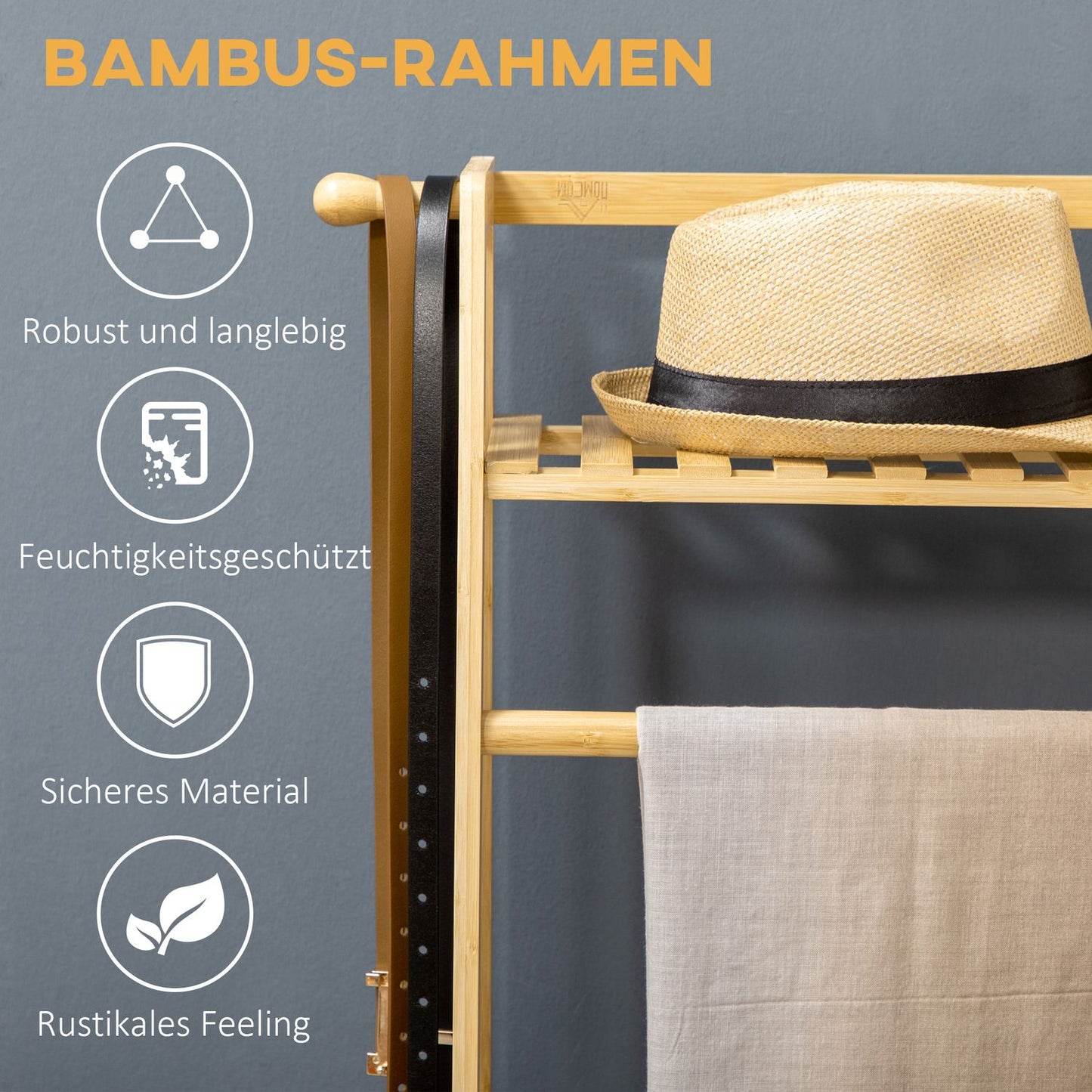 Bamboo clothes rack with shelves and hooks, natural wood