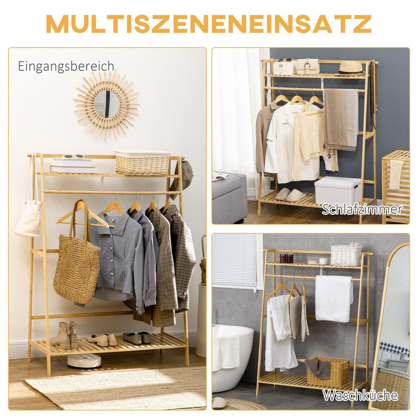 Bamboo clothes rack with shelves and hooks, natural wood