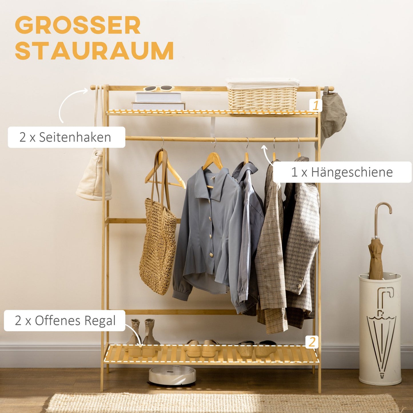 Bamboo clothes rack with shelves and hooks, natural wood
