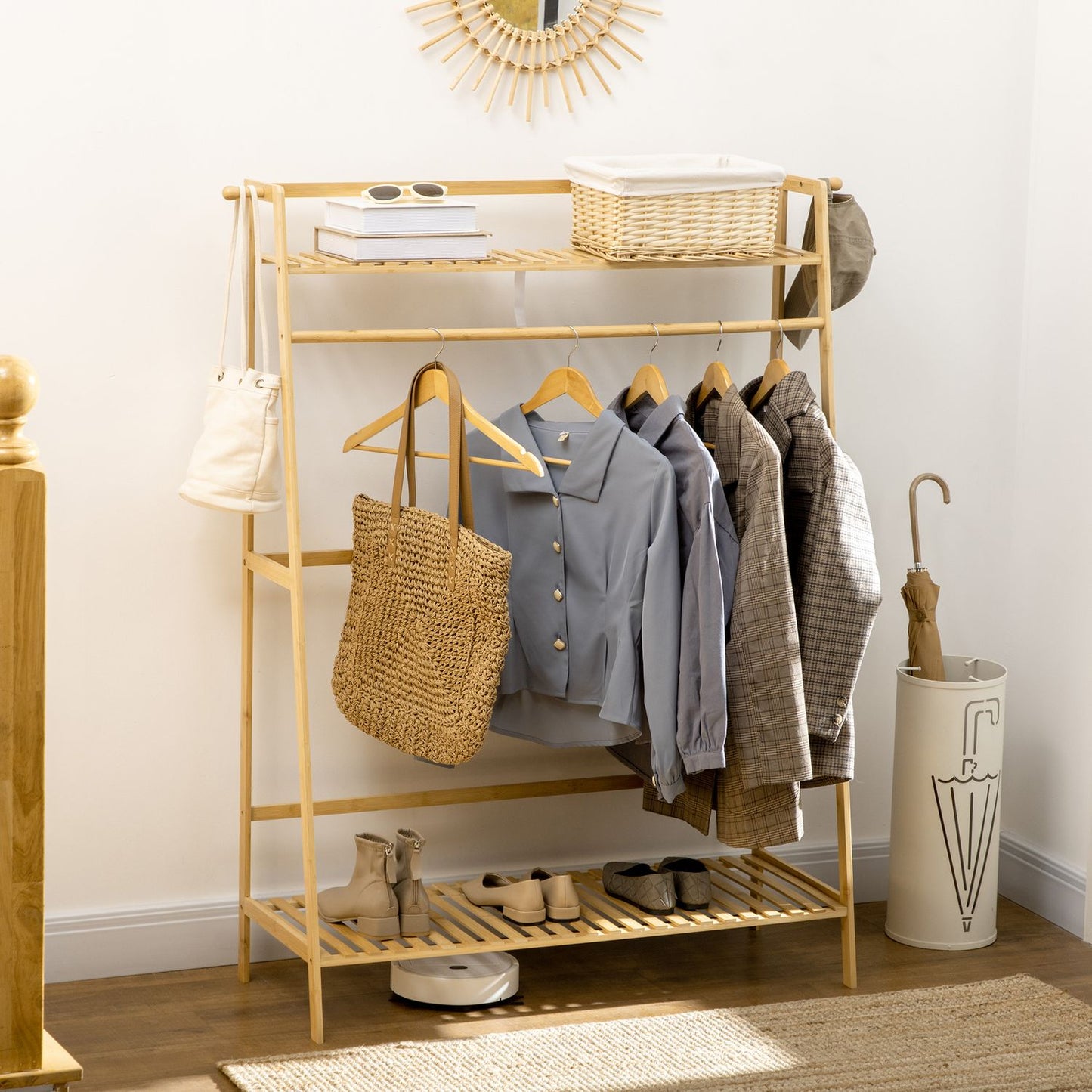 Bamboo clothes rack with shelves and hooks, natural wood