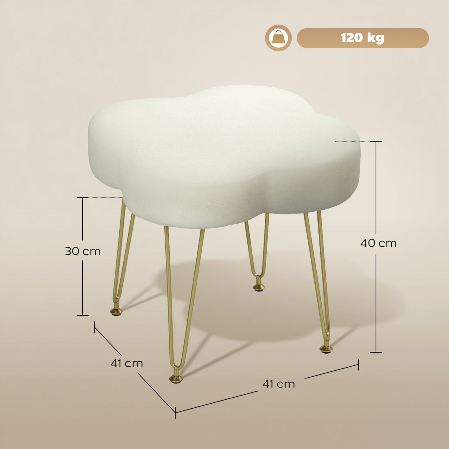 Clover-Shaped Ottoman, Velvet Upholstery, Cream, Steel Legs
