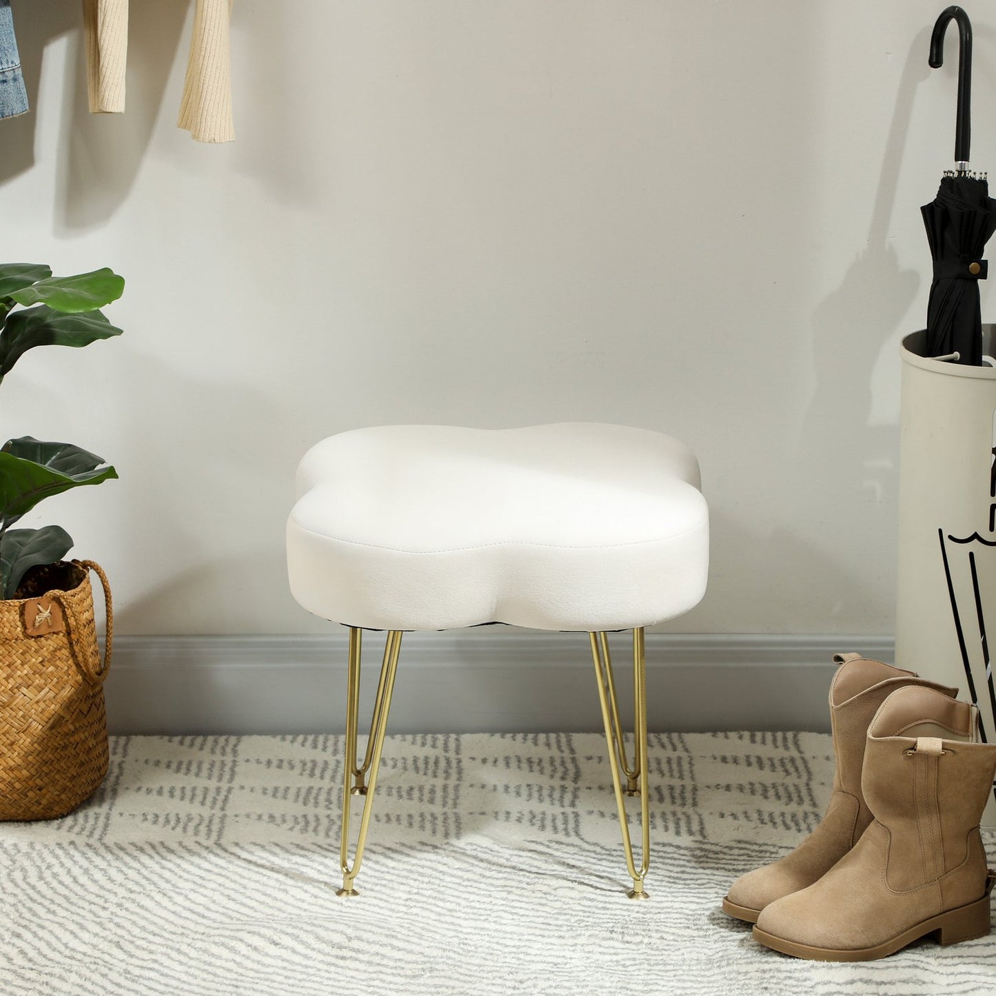 Clover-Shaped Ottoman, Velvet Upholstery, Cream, Steel Legs
