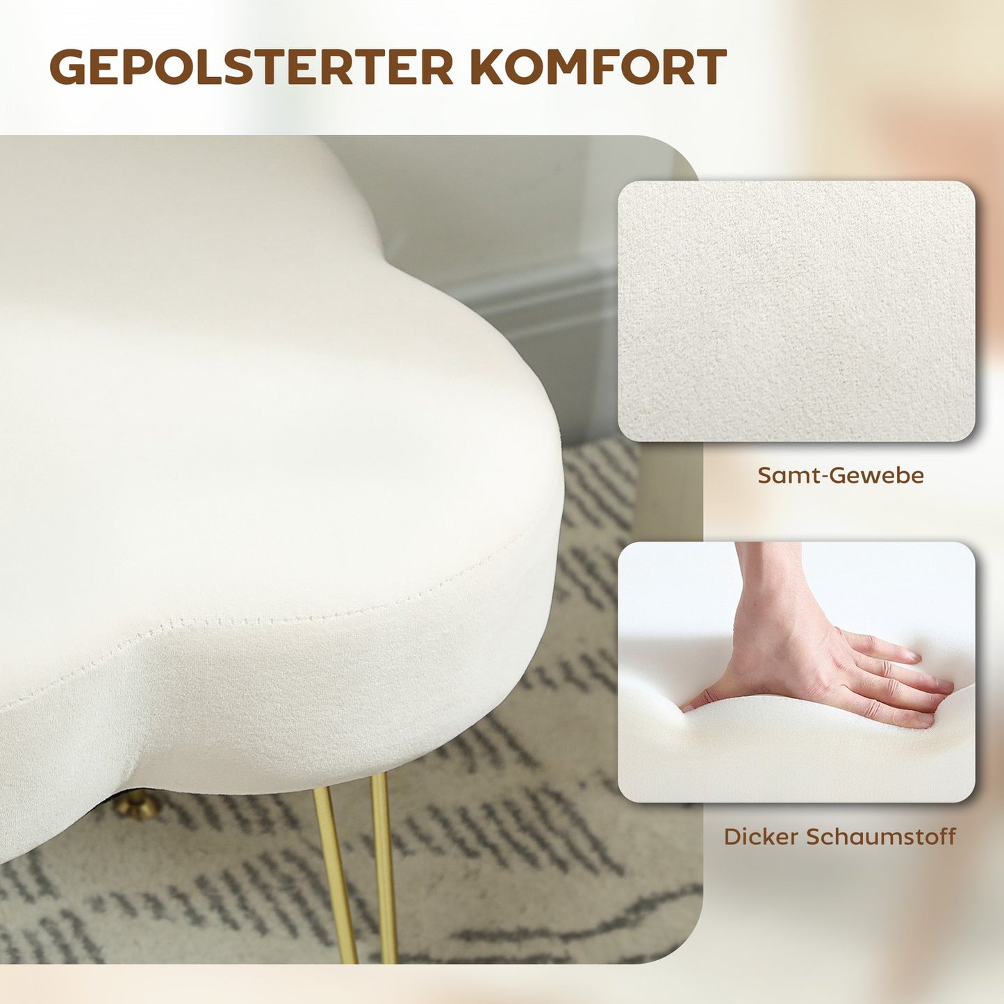 Clover-Shaped Ottoman, Velvet Upholstery, Cream, Steel Legs