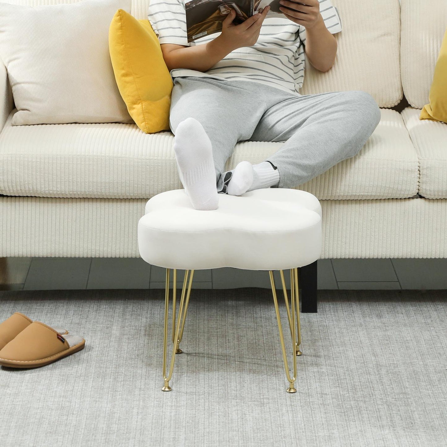Clover-Shaped Ottoman, Velvet Upholstery, Cream, Steel Legs