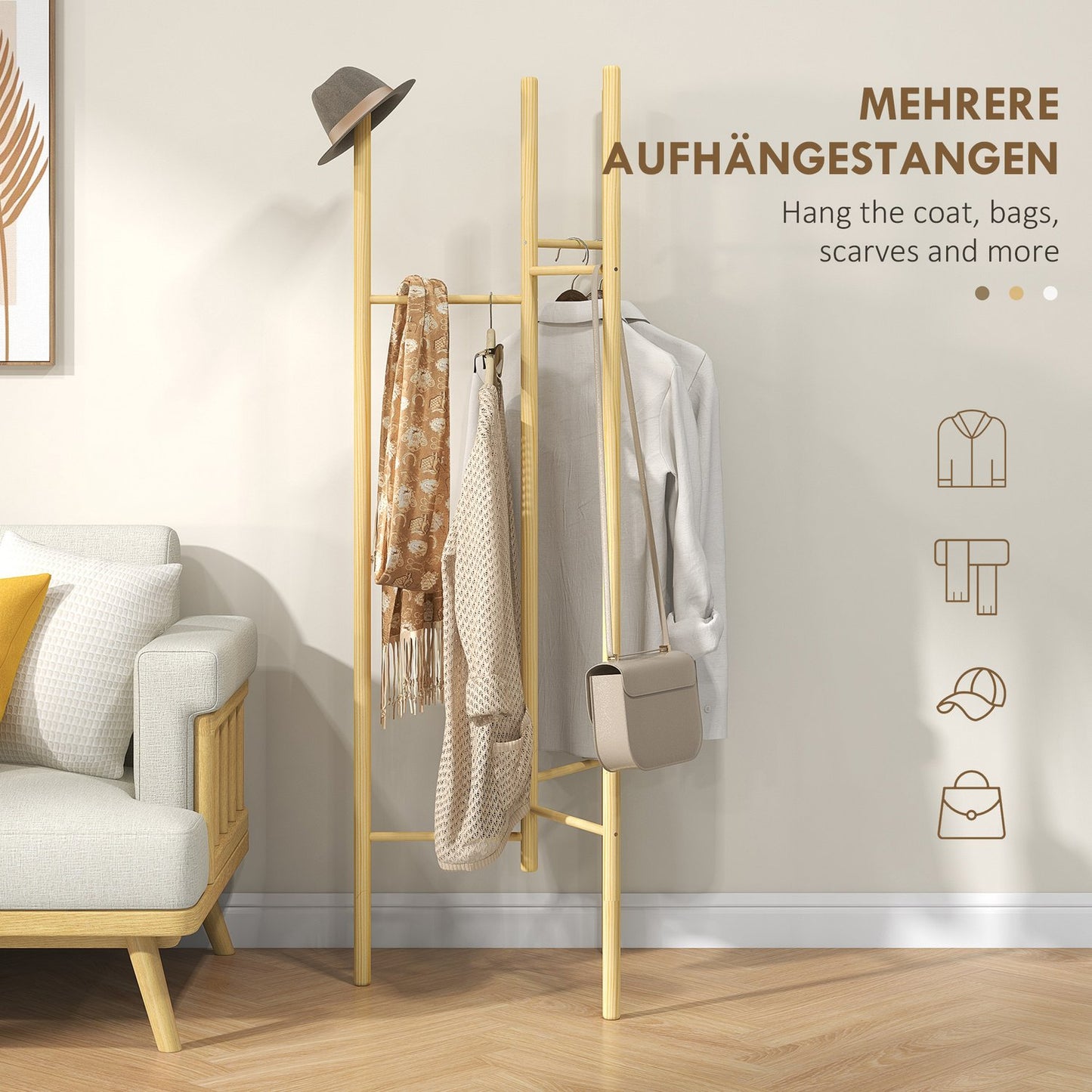 Nordic style clothes rack in solid wood, 6 rods, natural finish