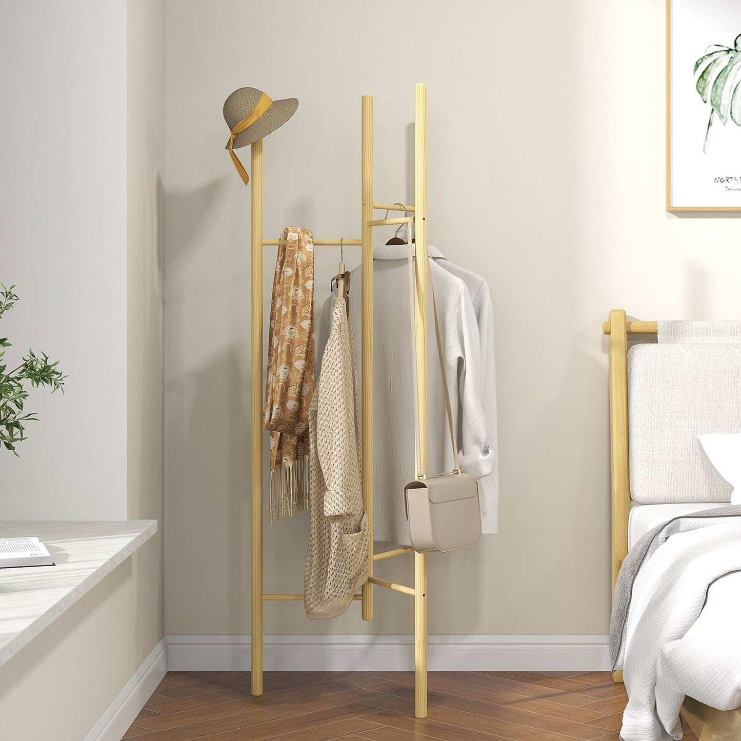 Nordic style clothes rack in solid wood, 6 rods, natural finish