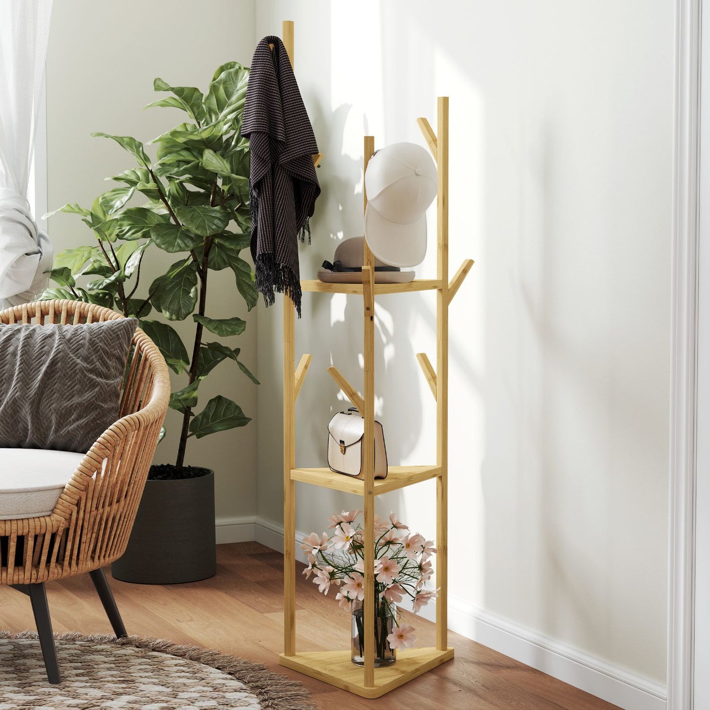 Bamboo clothes hanger with 8 hooks - adjustable entrance rack