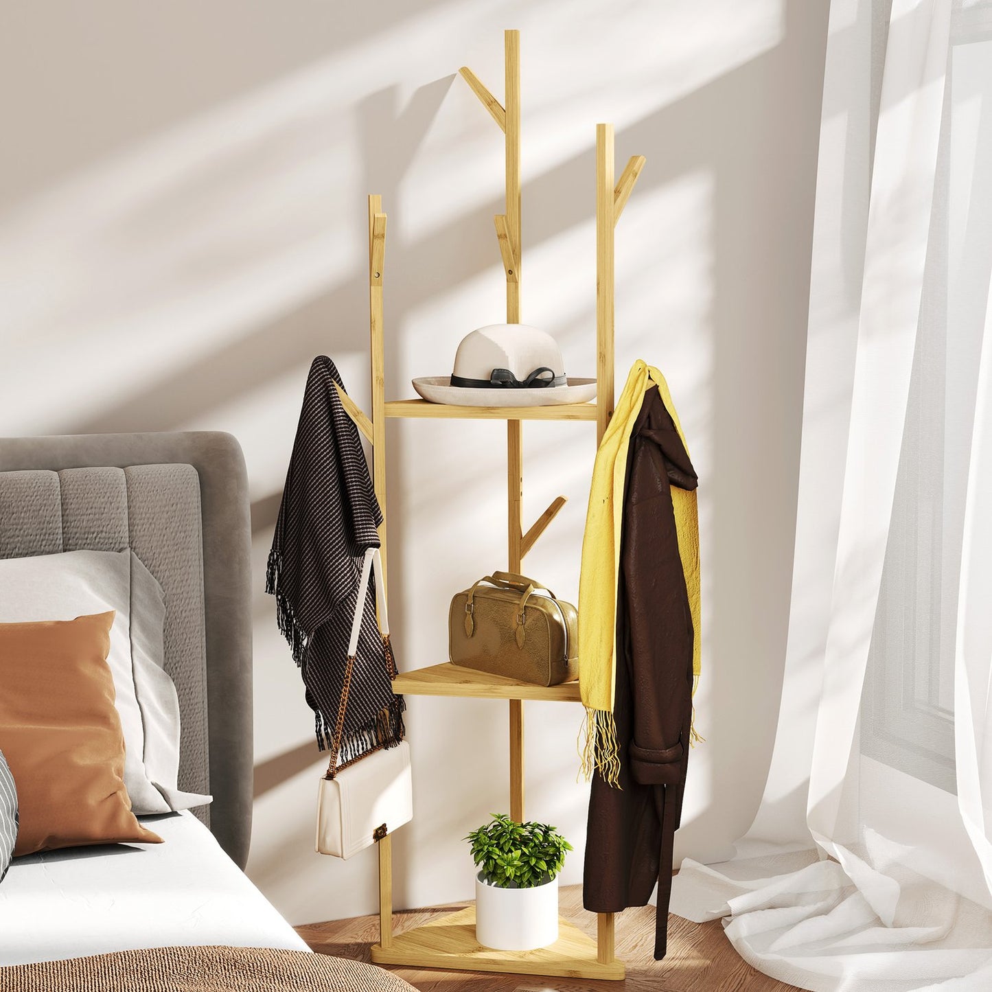 Bamboo clothes hanger with 8 hooks - adjustable entrance rack