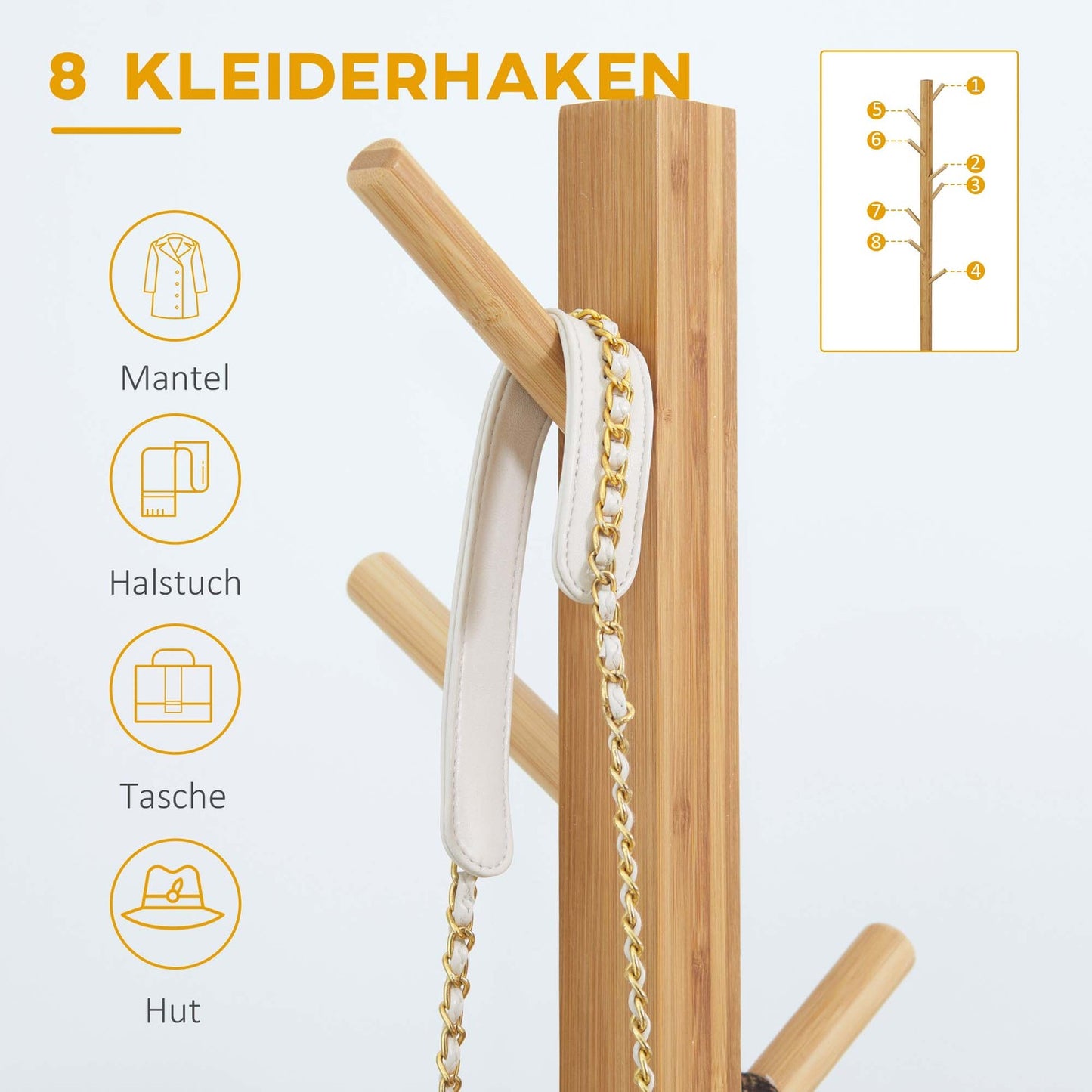 Bamboo coat hanger with 8 hooks, natural finish, 49.5x178 cm