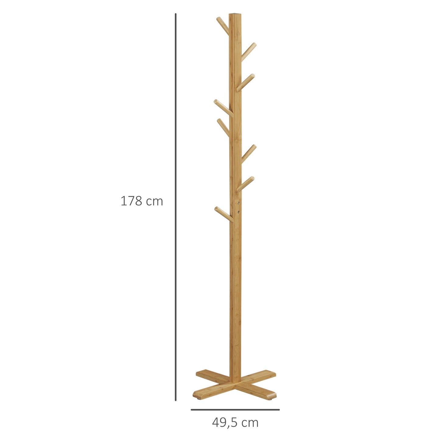 Bamboo coat hanger with 8 hooks, natural finish, 49.5x178 cm