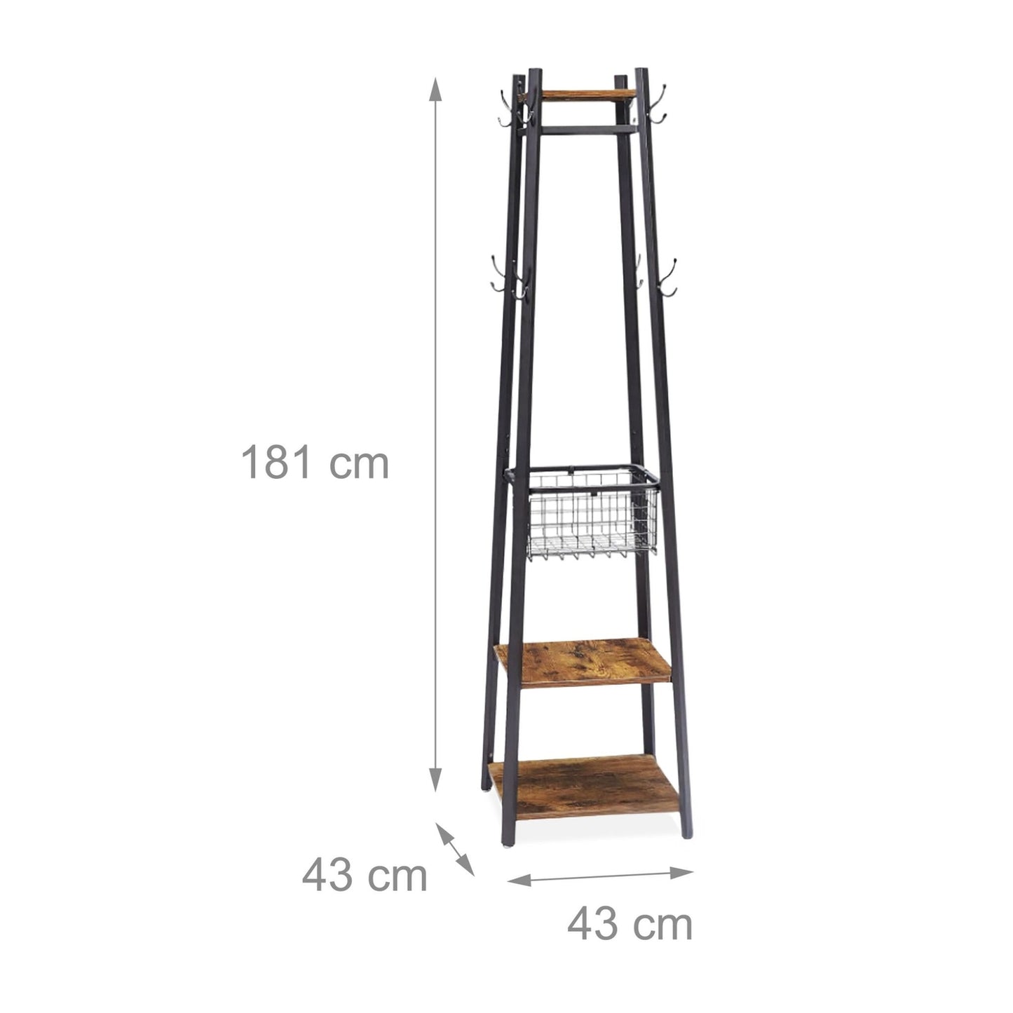 Coat Rack Stand with 8 Hooks, 3 Shelves, Basket