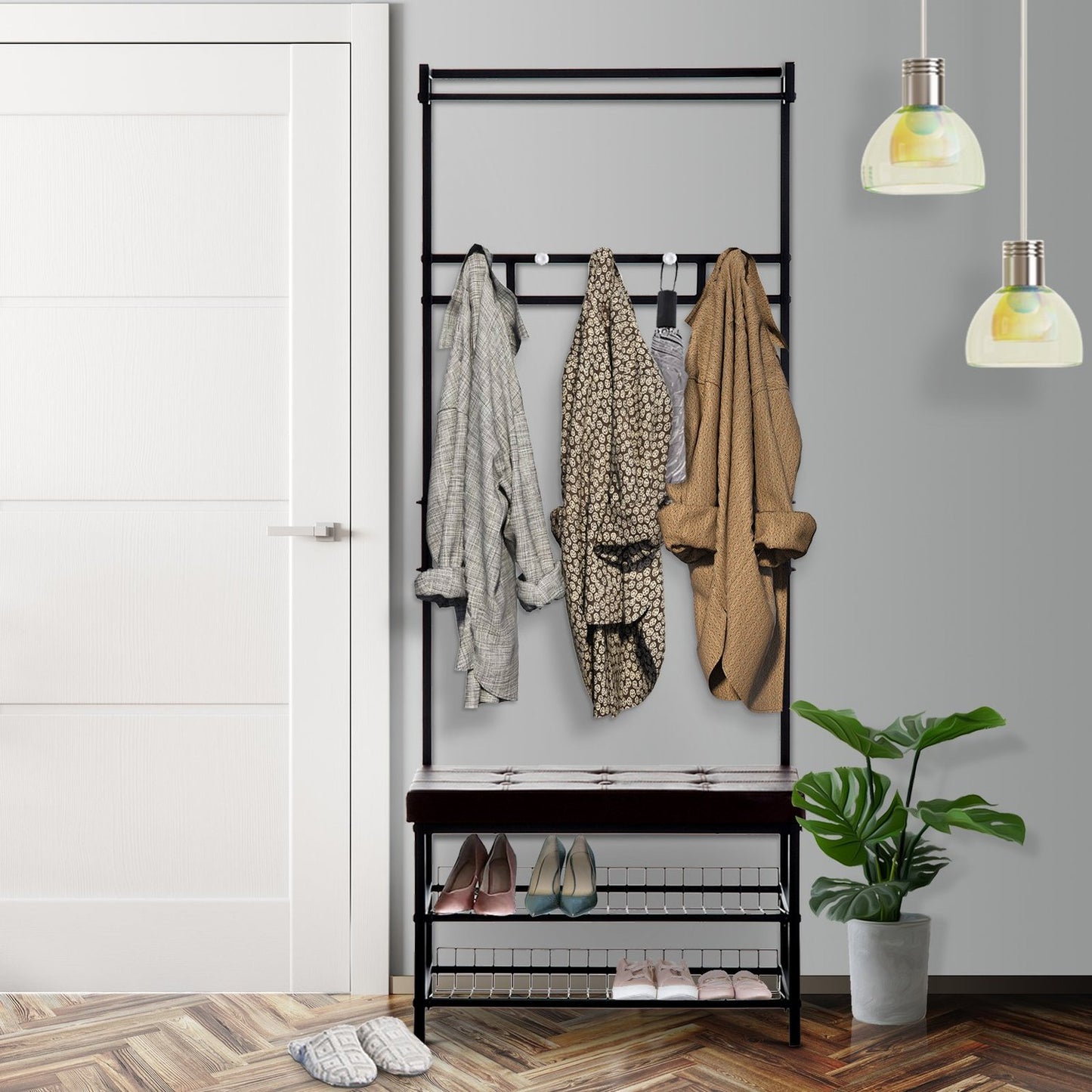 Coat Rack Bench Combo with metal frame and storage shelves