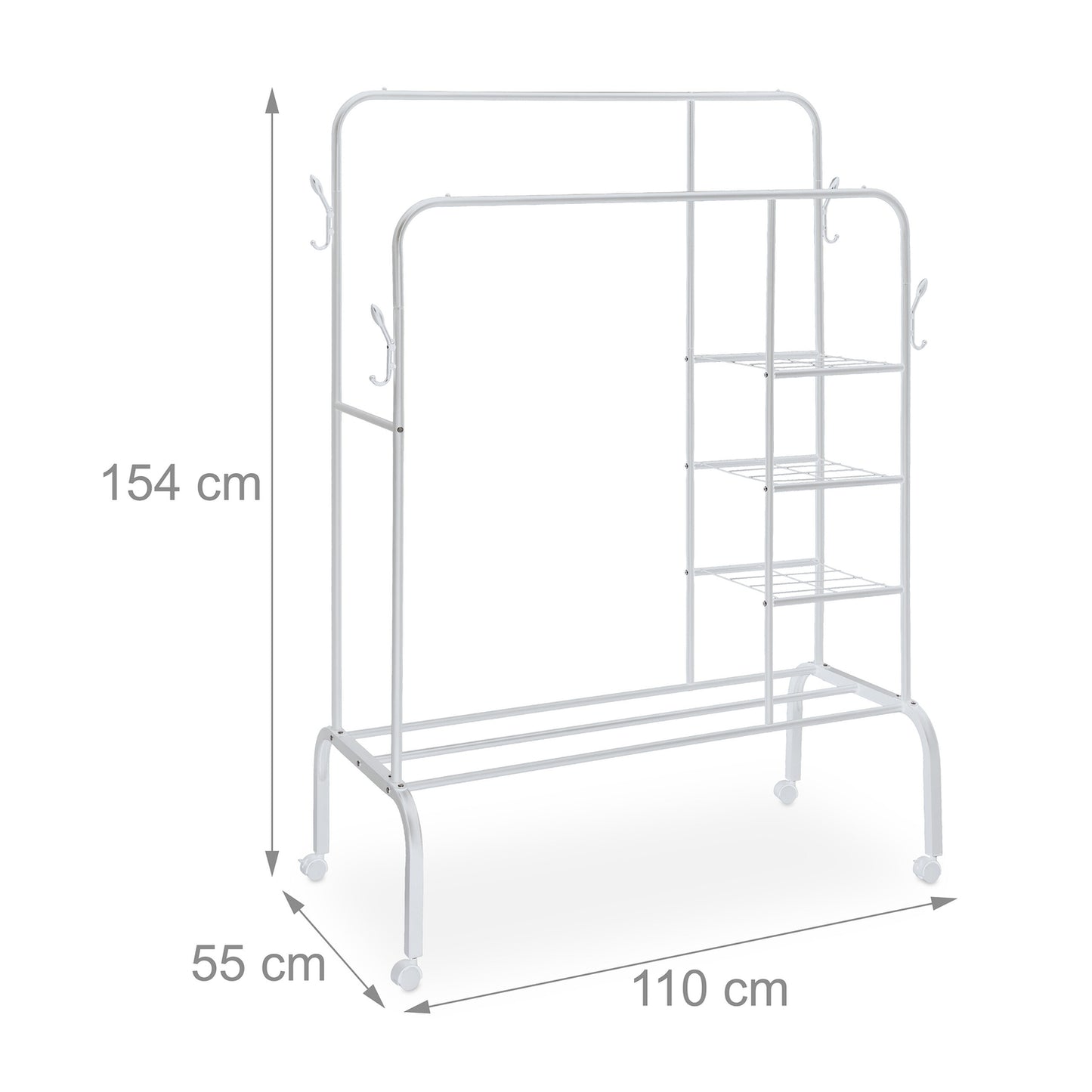 Coat Rack on Wheels with Double Rails and Shelves