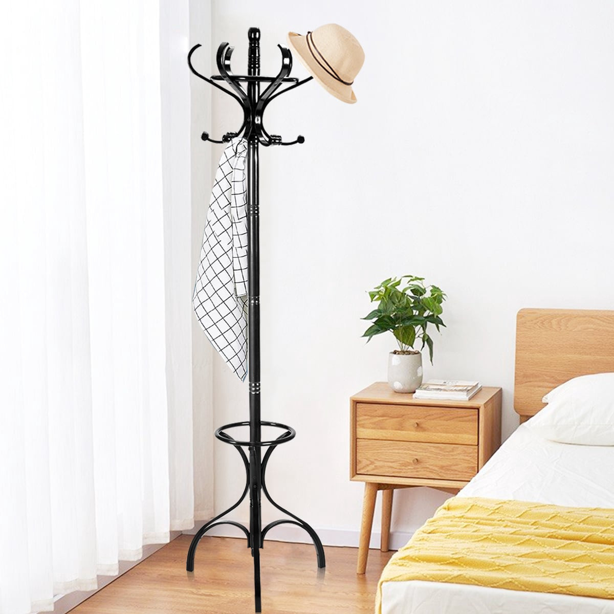 Coat Rack with 12 Hooks and Umbrella Stand, Birch Wood