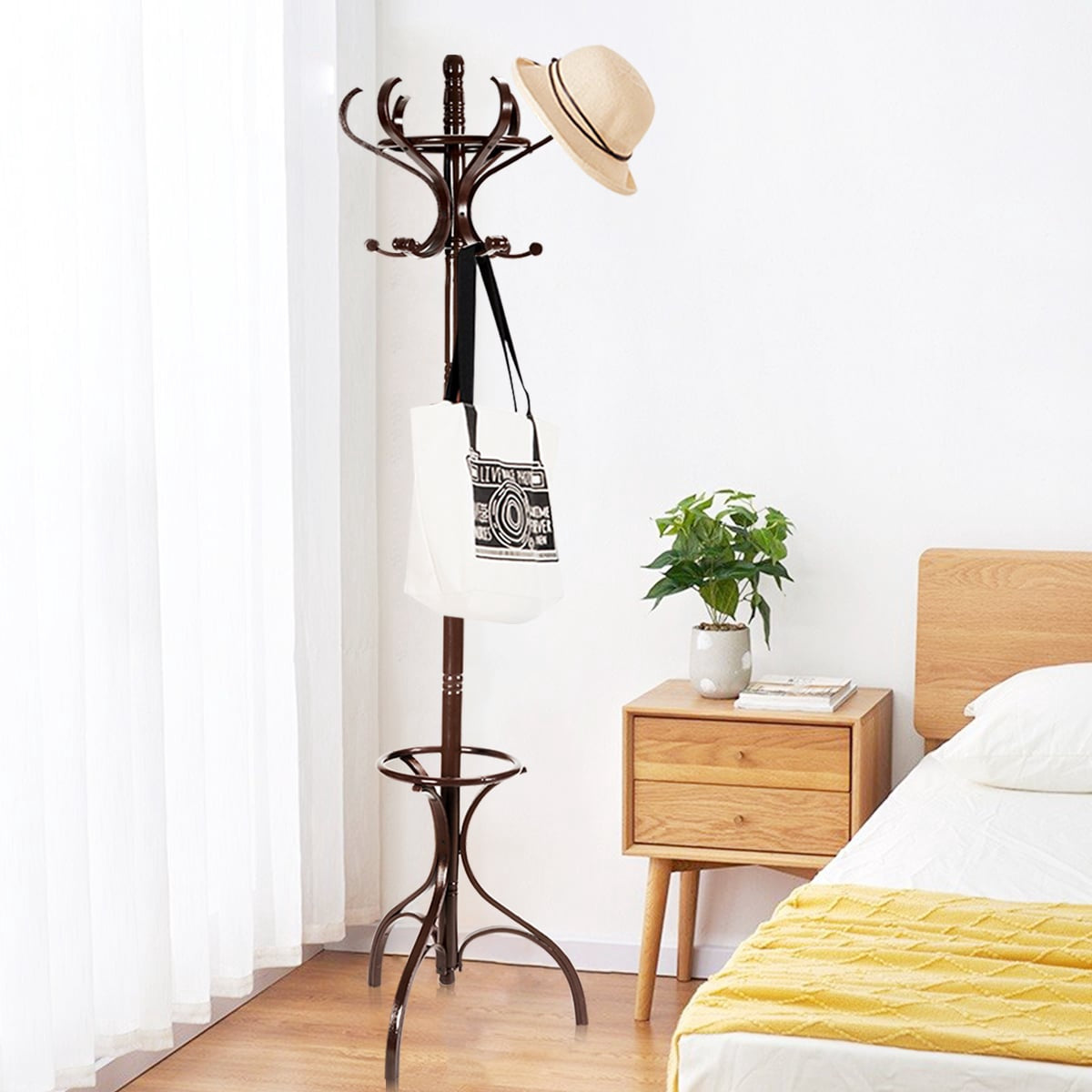 Coat Rack with 12 Hooks and Umbrella Stand, Birch Wood