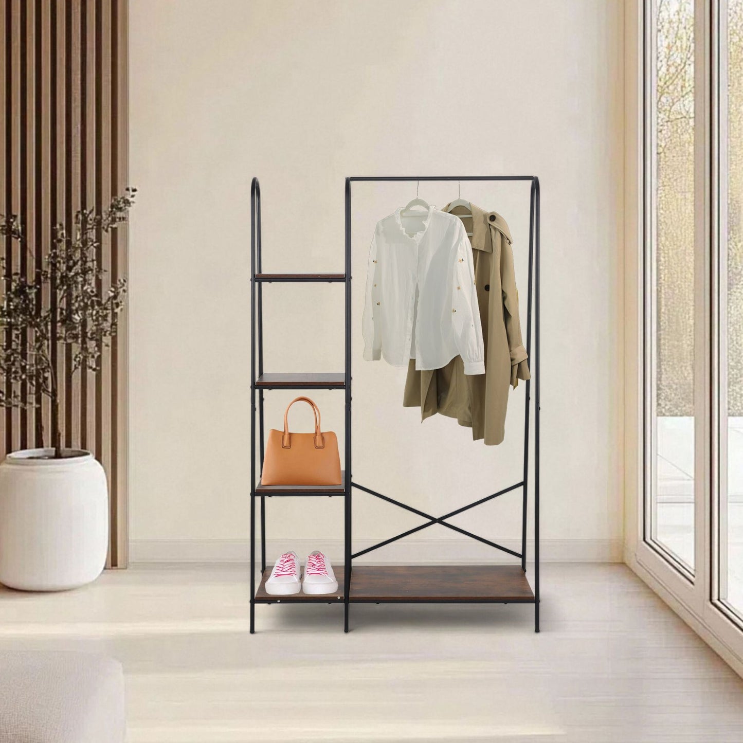Coat Rack with 5 Shelves – Metal Frame, Wood-Effect