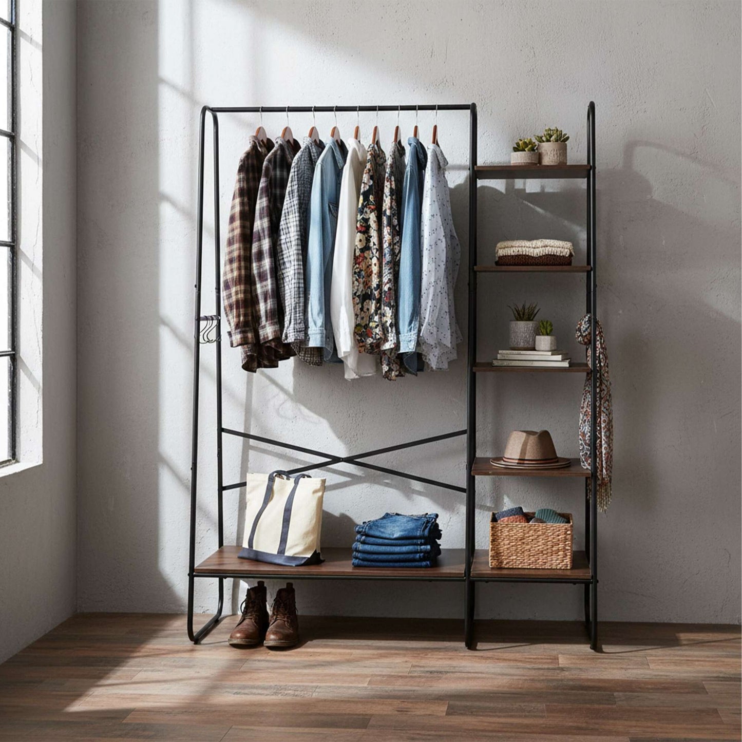 Coat Rack with 6 Shelves – Metal Frame, Wood-Effect