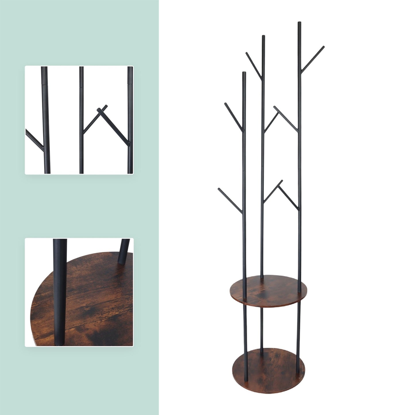 Coat Rack with 8 Hooks & 2 Shelves, 175 cm