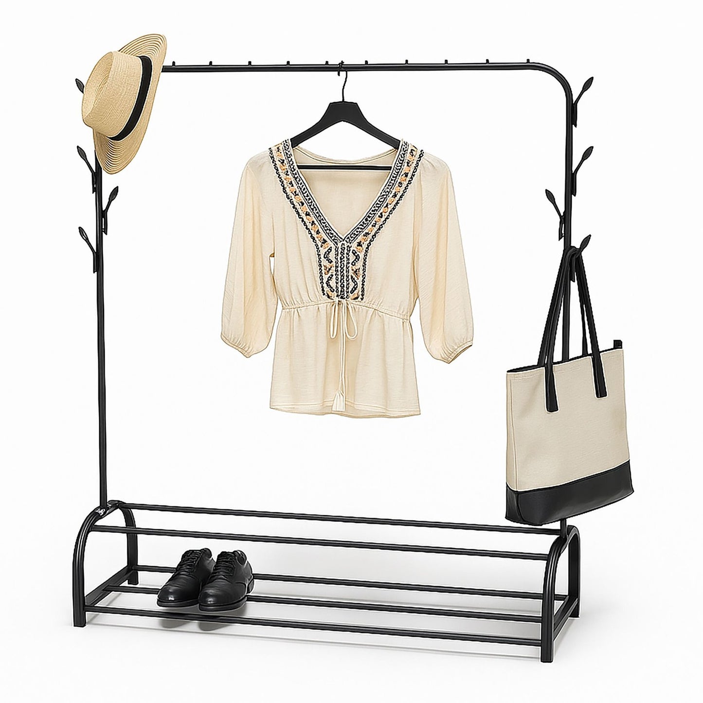 Coat Rack with Clothes Rail, 2 Shelves, 8 Hooks