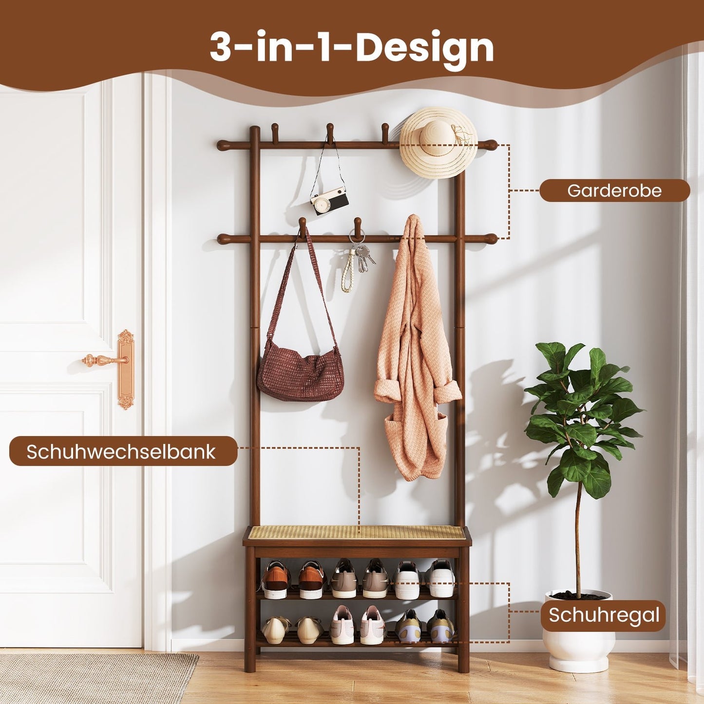 Coat Rack with Shoe Bench, Bamboo, 2 Rods, 13 Hooks
