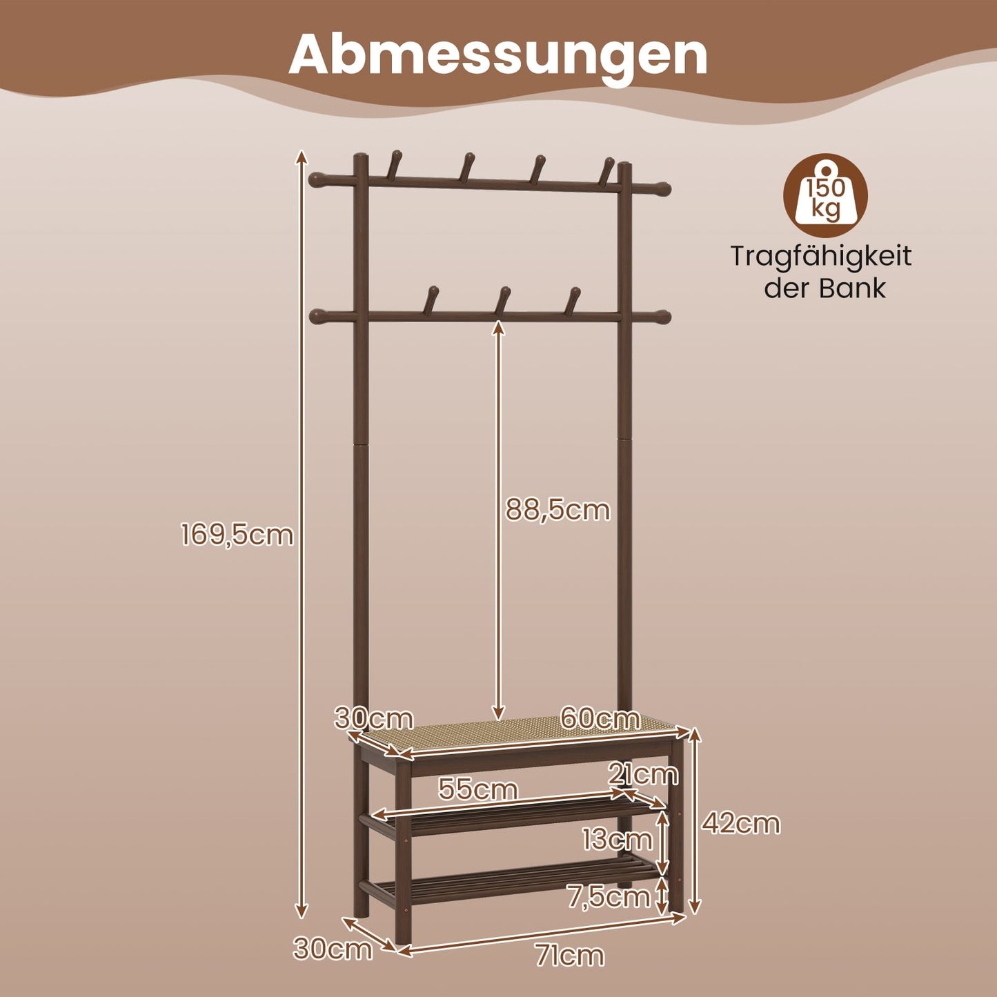 Coat Rack with Shoe Bench, Bamboo, 2 Rods, 13 Hooks