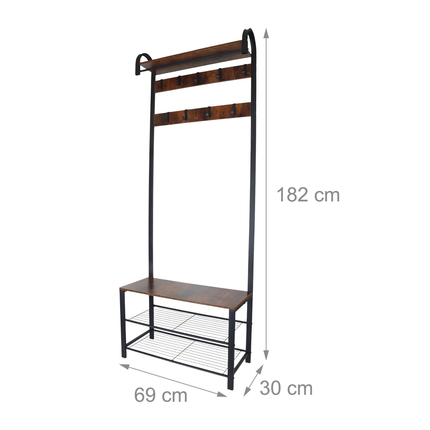 Coat Rack with Shoe Bench – Iron, 2 Hook Rails, Hat Shelf