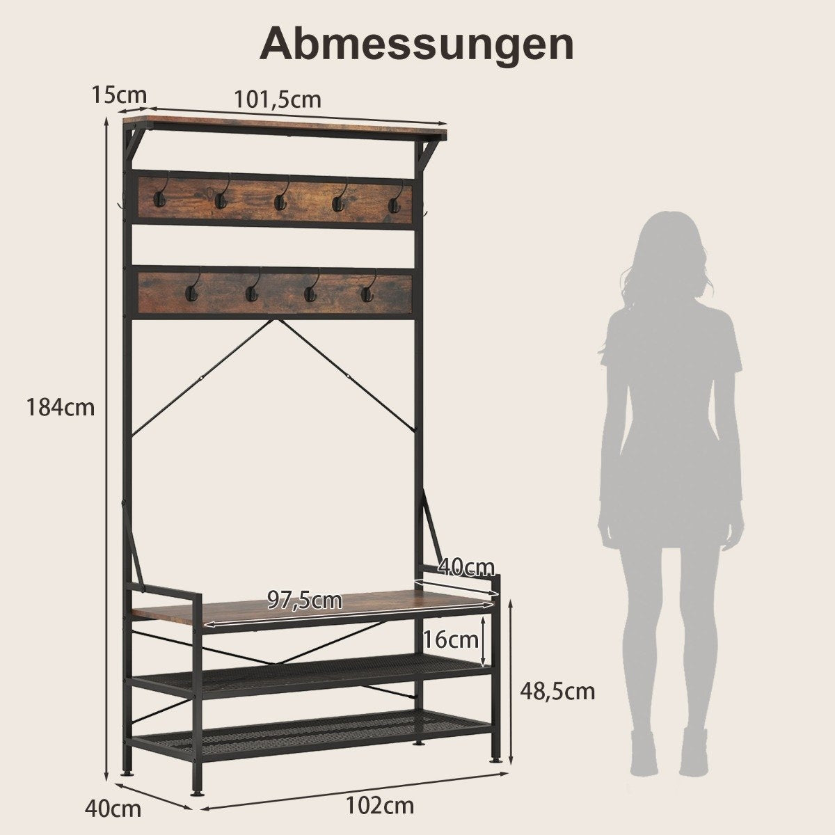 Coat Rack with Shoe Bench and Shelf – Brown, Metal Frame